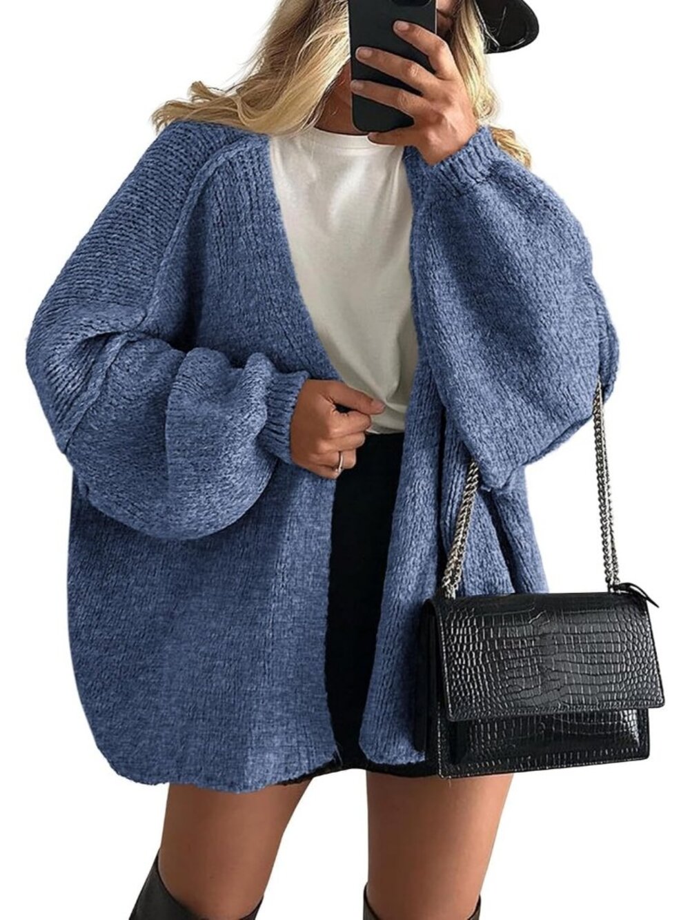 Women's Haze Blue Soft Chunky Knit Baggy Loose Fit Open Front Oversized Sweater